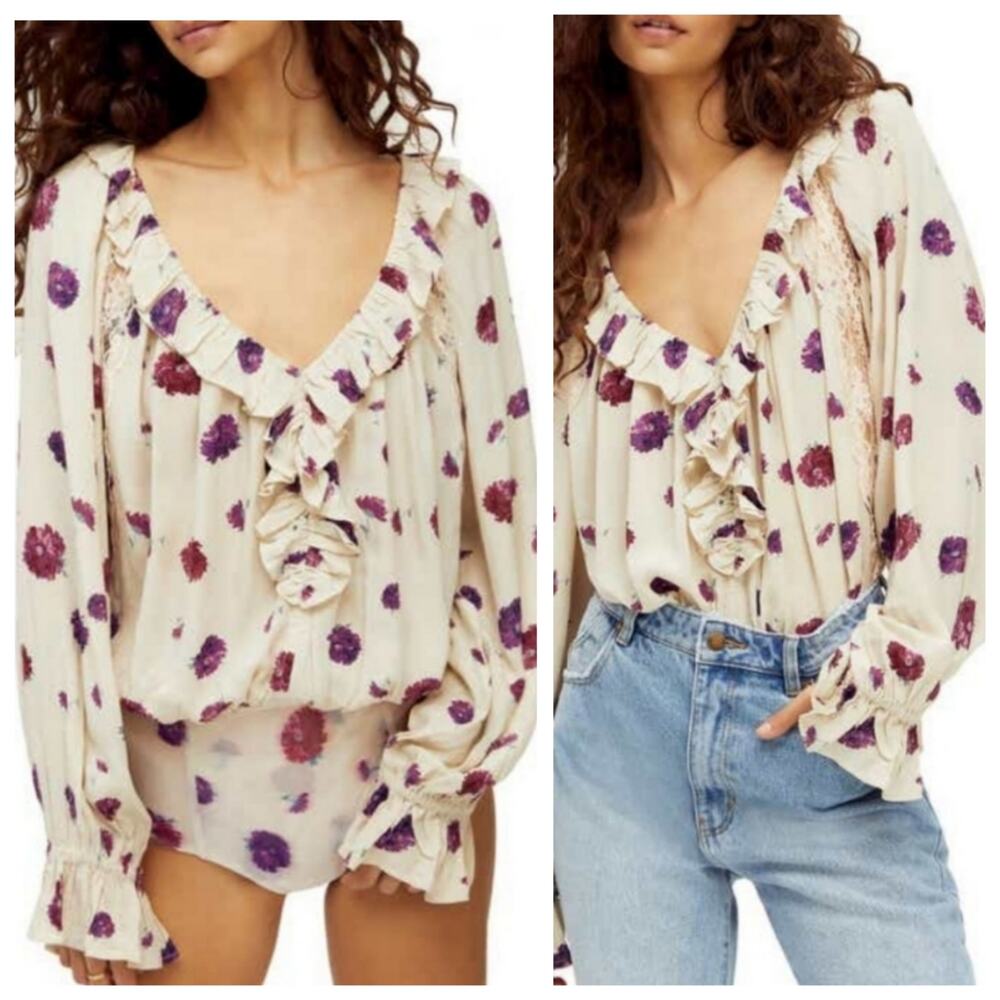 Intimately Free People Floral Print Ruffle Lace Bodysuit Blouse Long Sleeves